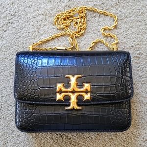Tory Burch Eleanor - Croc Embossed Shoulder Bag - Black